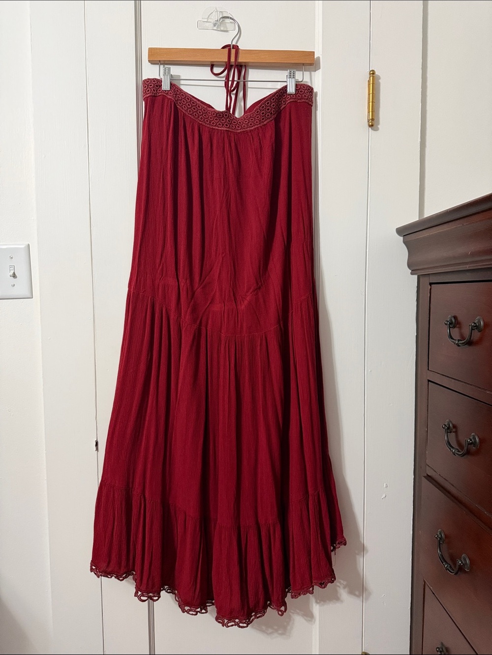 Strapless Maxi Dress in Deep Wine Red with Crochet Trim